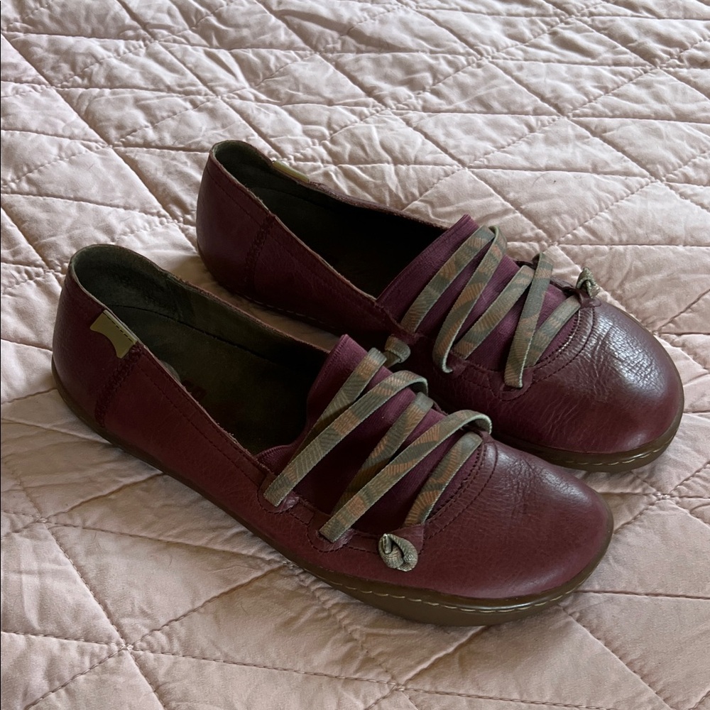 Camper Maroon Leather Flats with Gray Straps